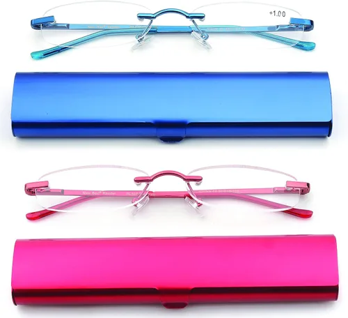 Vista 4 de Newbee Fashion - Paquete de 2 lentes de lectura compactos y delgados en estuche de aluminio, sin marco, súper ligeros, color azul, aumento de 1.00