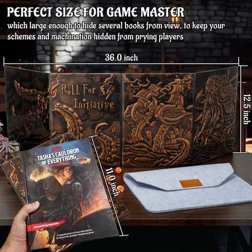 Vista 5 de CZYY DND Pantalla de Dungeon Master de Cuatro Paneles con Bolsillos, Cuero Sintético con Relieve 3D con Cthulhu - Incluye Insertos de Pantalla DM