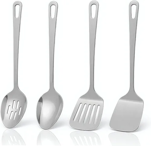 Juego de utensilios de cocina de 4 piezas, utensilios de cocina de acero inoxidable, juego de utensilios de metal resistente con espátula de acero