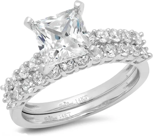 Juego de anillos de compromiso de 2,66 quilates de corte princesa con moissanita auténtica y diamantes de imitación, de oro blanco sólido de 14