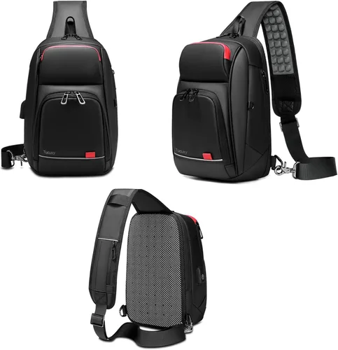 Vista 3 de Bolso bandolera para hombre, bolsa de pecho, mochila cruzada de hombro impermeable, Negro