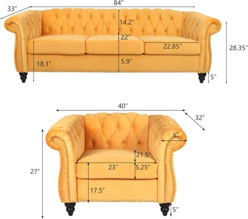 Vista 85 de RARZOE Moderno juego de sofá de 2 piezas, naranja, espuma, sofá biplaza y sofá Chesterfield