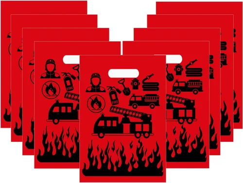 CupaPlay 50 decoraciones de fiesta de camiones de bomberos, bolsas de plástico, camión de bomberos, bomberos, suministros de fiesta, decoraciones