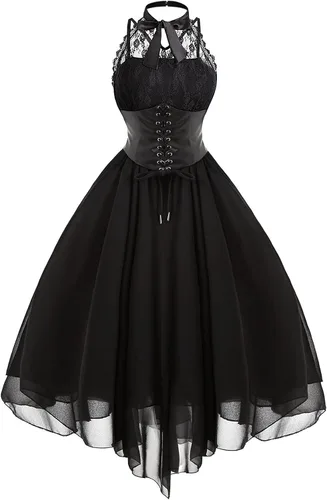 Vestido gótico sin mangas para mujer con corsé halter de encaje swing vestido de cóctel formal Halloween punk hippie vestidos
