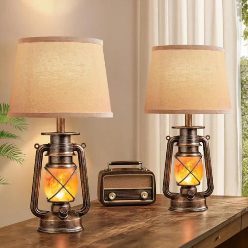 Vista 8 de LEDIARY Juego de 2 lámparas de mesa LED vintage de linterna parpadeante de llama para dormitorios, pequeñas lámparas rústicas de estilo granja