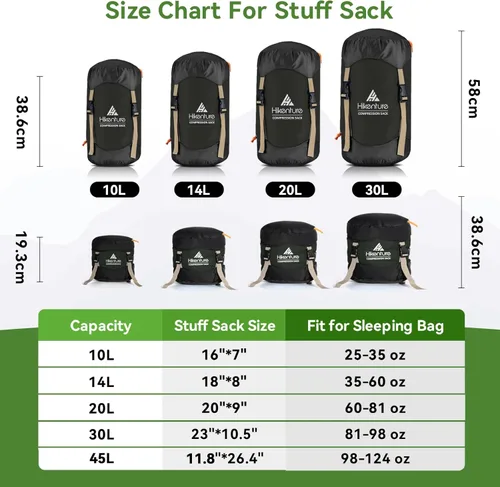 Vista 6 de Hikenture Saco de compresión para saco de dormir, saco de cosas mejorado de nylon resistente a desgarros, saco de compresión de 10L/14L/20L/30L