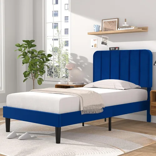 Vista 3 de VECELO Base de cama tapizada de tamaño individual con cabecera ajustable, base de colchón con plataforma de terciopelo, soporte de listones