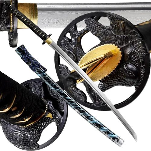 Vista 14 de Katana，Hand-Forged Katana Sword，Razor-Sharp 1095 & T10 Damascus Steel Blade, Full-Tang Structure for Martial Arts Practice, Collector's Display