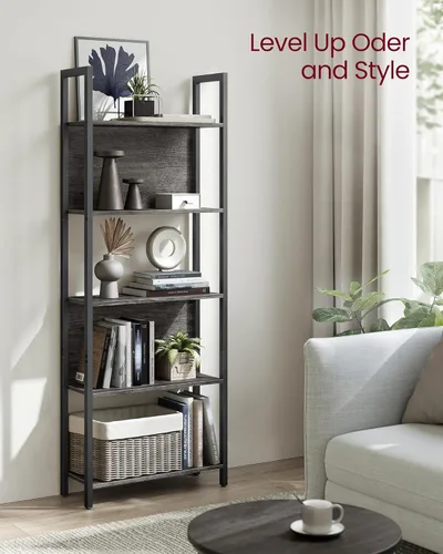 Vista 4 de VASAGLE 5-Tier Bookshelf, Book Shelf, Industrial Bookcase, with Steel Frame, for Living Room, Home Office, Bedroom, 9.4 x 24.4 x 65 Inches, Charcoal