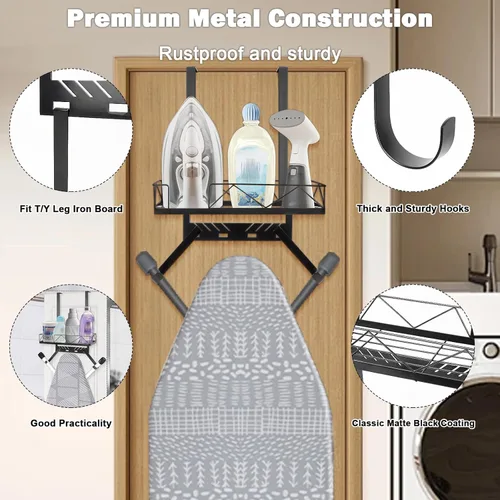 Vista 7 de Colgador de Tabla de Planchar, Caddy de Tabla de Planchar de Metal Sobre la Puerta o Montado en la Pared, Estante de Almacenamiento de Tabla