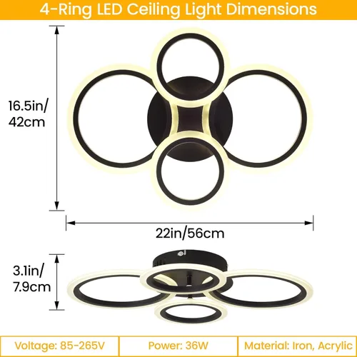 Vista 5 de Moderna lámpara LED de techo de 22 pulgadas, 36 W, 3000 lúmenes, 3000 – 6500 K, regulable con control remoto, lámpara de techo empotrada