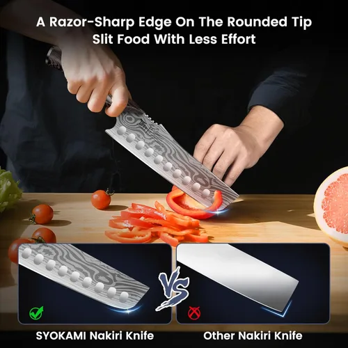 Vista 2 de SYOKAMI Nakiri - Cuchillo de chef de 7.2 pulgadas, cuchillo de cocina de verduras de estilo japonés, afilado para corte de precisión