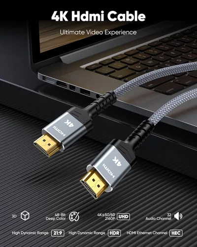 Vista 4 de Highwings Cable HDMI corto 4K de 0.5 pies/0.15m - Cable HDMI trenzado HDR 4K@60Hz, alta velocidad de 18 Gbps con Ethernet/ARC, 3D, HDCP 2.2, ARC