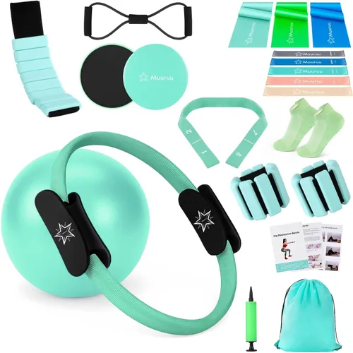 Vista 10 de Pilates Equipment Kit for Home Workout, Pilates Ring and Ball Set for Women, 14'' Magic Circle Essentials Accessories Kit, Wrist Weights, Resistance