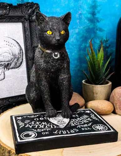 Vista 5 de Juego de 1 tabla de espiritus Ouija de gato negro de Halloween con horario de brujería y estatuilla de planchette