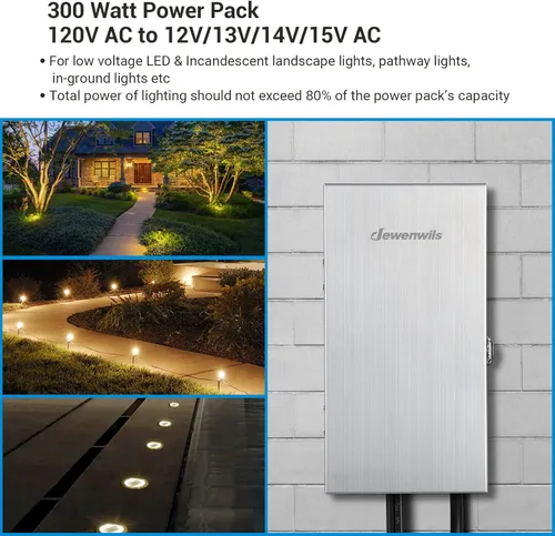 Vista 3 de DEWENWILS Transformador de bajo voltaje de múltiples tomas de 300W, 120V CA a 12V/13V/14V/15V CA, escudo de acero inoxidable, transformador