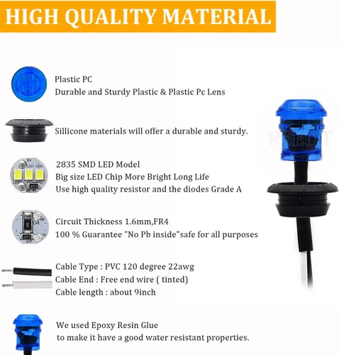 Vista 5 de PSEQT 3 luces LED redondas para cubierta interior, travesaño de cortesía, luz de utilidad para escalones marinos, iluminación impermeable para Azul