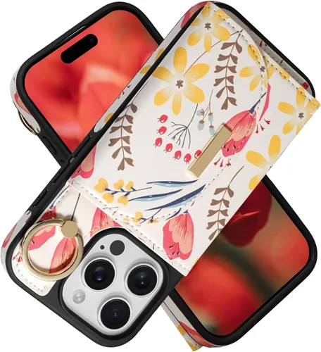 Vista 28 de Funda tipo cartera de Keallce para iPhone 14 Pro de 6.1 pulg., funda con tapa y ranuras para tarjetas, soporte con anillo, funda protectora de piel