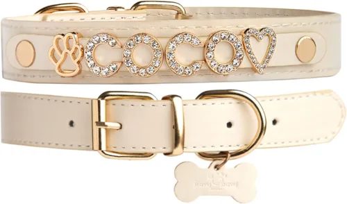 Vista 9 de Collar de perro personalizado Paws Paws Miami para perros extra pequeños, personalizado con nombre en iniciales de circonita cúbica chapadas en oro