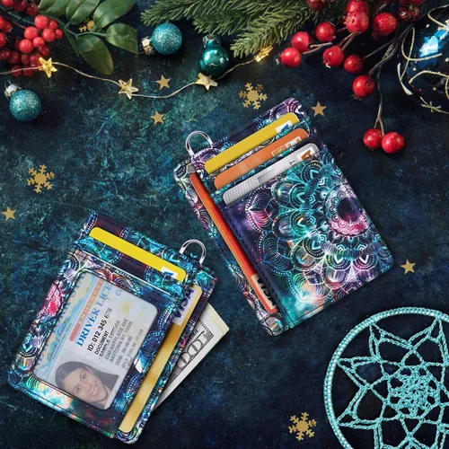 Vista 3 de Cartera delgada con bolsillo frontal RFID para tarjetas de identificación, bonita cartera pequeña con llavero para mujer