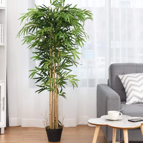Vista 2 de Goplus Árbol de bambú artificial, planta de bambú sintético de 5 pies de alto, árbol falso grande con hojas y tronco natural, plantas artificiales