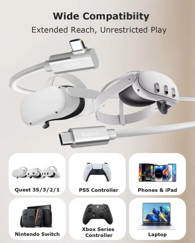 Vista 10 de Kuject - Cable Link USB 3.0 tipo C a C de 16 pies de largo compatible con Oculus Quest 2, cable para visor de realidad virtual de Oculus Quest 1