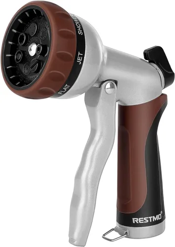 Vista 19 de RESTMO Boquilla de manguera de jardín, boquilla de agua de metal resistente con 7 patrones de pulverización ajustables, rociador de mano de alta