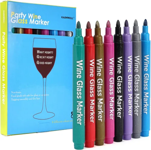 GAINWELL Metallic Wine Glass Markers 8Pcs, Non-Toxic, Food-Safe, Dishwasher-Safe, Wine Glass Marker Pens for Ceramic Plates, Parties & Weddings