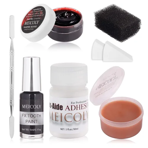 Vista 9 de MEICOLY Kit de maquillaje de efectos especiales SFX de 3 piezas, masilla de nariz falsa, cera de cicatrices, gel de costra de sangre falsa, oscuro