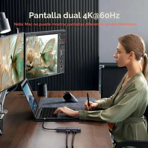 Vista 3 de UGREEN Estación de acoplamiento 7 en 1 con monitor dual, concentrador USB C con pantalla HDMI dual 4K@60Hz, puertos de datos USB-A/C de 10Gbps, 100W