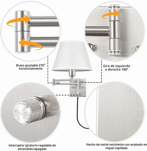 Vista 4 de TRLIFE Aplique de pared enchufable, juego de 2 lámparas de pared regulables con brazo oscilante de níquel cepillado, cable de enchufe y interruptor