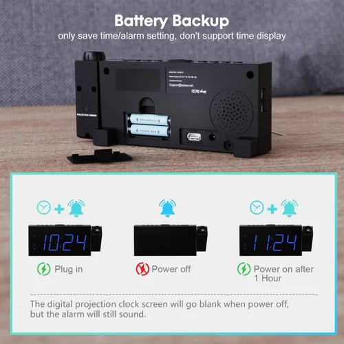 Vista 6 de OnLyee Reloj despertador de proyección para dormitorio, LED digital en techo y pared con carga USB para teléfono, respaldo de batería, proyector