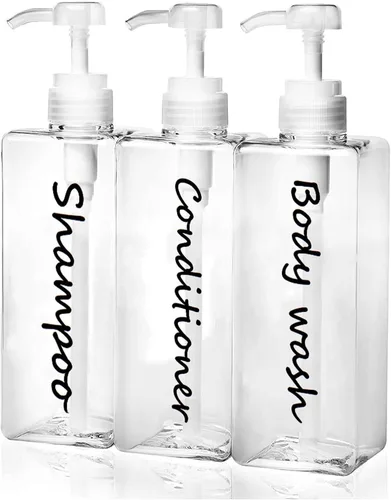 Vista 8 de Dispensador de champú – Botellas recargables de champú y acondicionador (transparente, juego de 3, 21 onzas) – Botellas de champú modernas