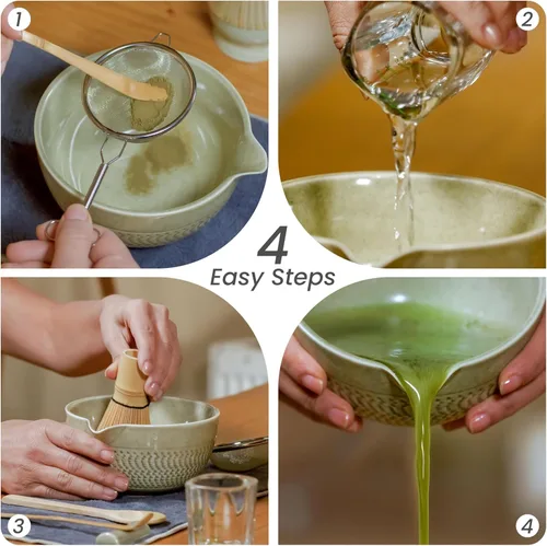 Vista 3 de 10 piezas de juego de batidor matcha - Tazón matcha de 15 oz con asa y soporte para batidor y taza medidora - Cuchara y cuchara de bambú para matcha