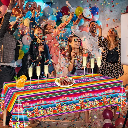 Vista 6 de 2 manteles de plástico desechables de 54 x 108 pulgadas, manteles de fiesta mexicana, decoración de fiesta, manteles rectangulares para fiestas