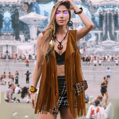 Vista 6 de ARK Survivor Disfraz hippie para mujer, accesorios de atuendo retro para mujer, diadema de plumas