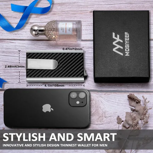 Vista 3 de MOSIYEEF Cartera minimalista Stealth para hombre, billetera desplegable con clip para dinero, cubierta de cuero, delgada y compacta, tarjetero