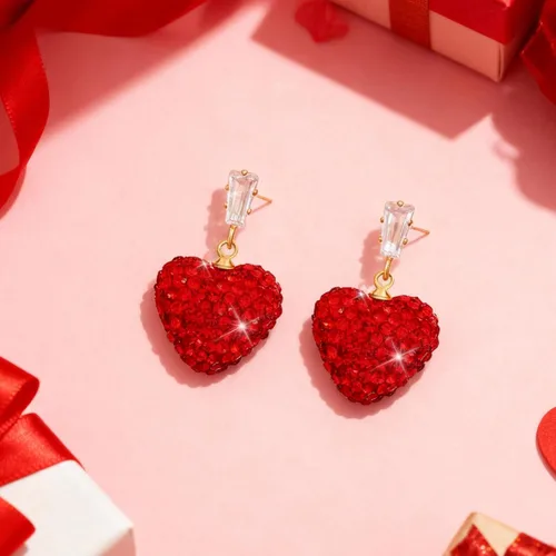 Vista 4 de Aretes de corazón rojo, regalos para el día de San Valentín para ella, aretes de corazón de amor con diamantes de imitación, aretes colgantes de San
