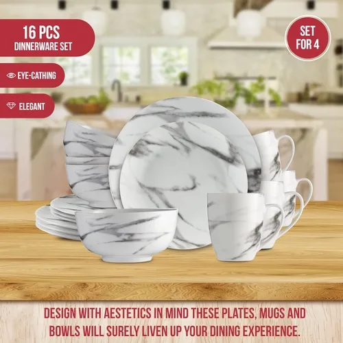 Vista 4 de Safdie & Co. 16-Piece Marble Dinnerware Set, Porcelain, White