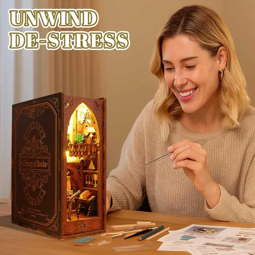 Vista 8 de Flever Kit miniatura de rincón de libro para casa de muñecas, decoración de estantería de libro de bricolaje, rompecabezas de madera 3D, kit
