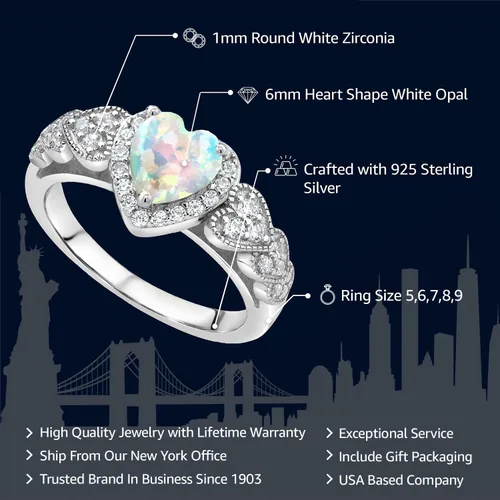 Vista 2 de Gem Stone King 925 Sterling Silver White Simulated Opal Ring For Women (1.18 Cttw, Heart Shape 6MM, Available in size 5, 6, 7, 8, 9)