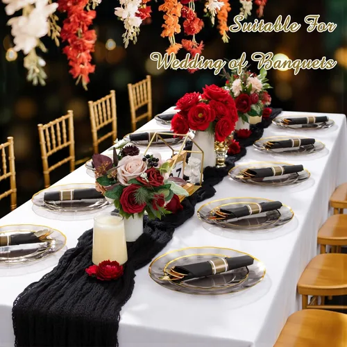 Vista 2 de Supernal Juego de 30 Cubiertos de Plástico Dorado Preenvueltos con Servilletas, Juego de Cubiertos de Plástico Envueltos, Utensilios Desechables