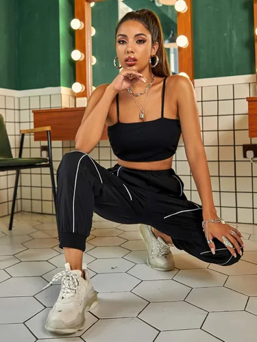 Vista 5 de SOLY HUX Pantalones deportivos de cintura alta elásticos para mujer Negro