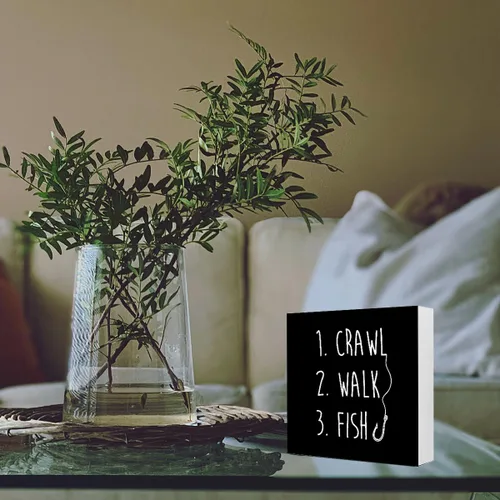 Vista 6 de Cartel de madera rústica de pez de gateo negro, divertido bloque de madera para bebé, decoración de escritorio para el hogar, dormitorio, habitación