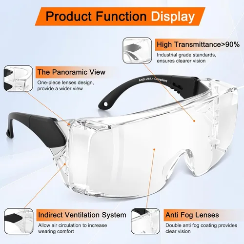 Vista 3 de OXG Anteojos de seguridad antiniebla, ANSI Z87.1, protección UV400, protector lateral, patillas ajustables