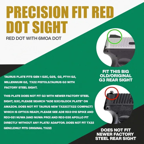 Vista 4 de Ade Advanced Optics Crusader RD3-009 - Mira refleja de punto rojo + placa de montaje óptica para Taurus PT111 G2, Millennium G2, G2C, G3 con mira