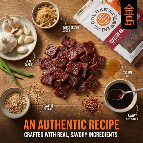 Vista 4 de Golden Island Cecina de Cerdo con Sabor a Barbacoa Coreana, Snack de Carne Especial, Sin Gluten con Condimento de Barbacoa Coreana, Snack