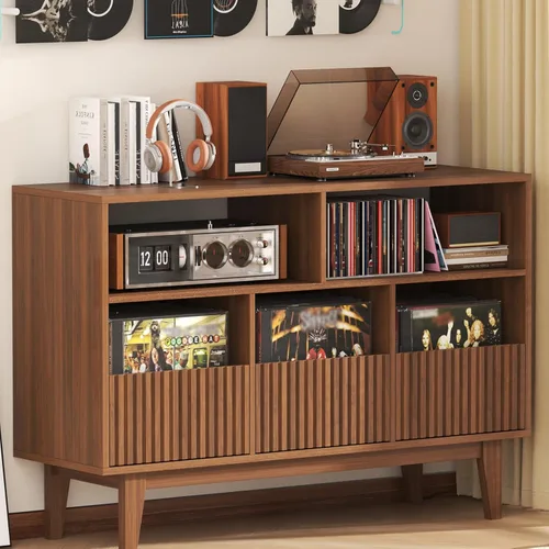 Soporte para tocadiscos XL de 48 pulgadas con 3 cajones, gabinete de almacenamiento de discos de vinilo moderno de mediados de siglo hasta 285 LPs
