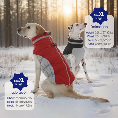 Vista 6 de FUAMEY - Abrigo para perro, chaqueta cálida de invierno, acolchada, de vellón, chaleco reflectante con arnés, chaqueta de nieve impermeable