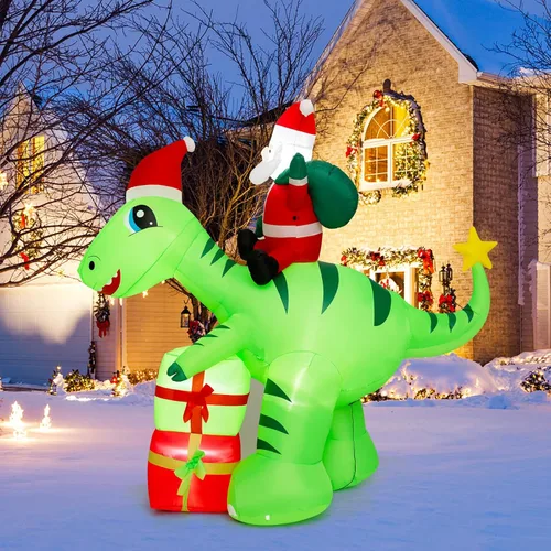 Vista 12 de Tangkula Mordedura inflable de dinosaurio de Navidad iluminada de 6 pies, caja de regalo, decoración inflable de Navidad con luces LED y caja